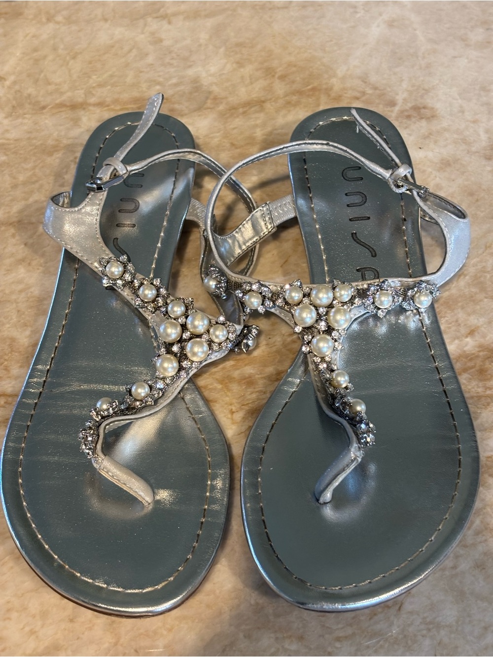 Unisa Silver Pearl-Embellished T-Strap Sandals